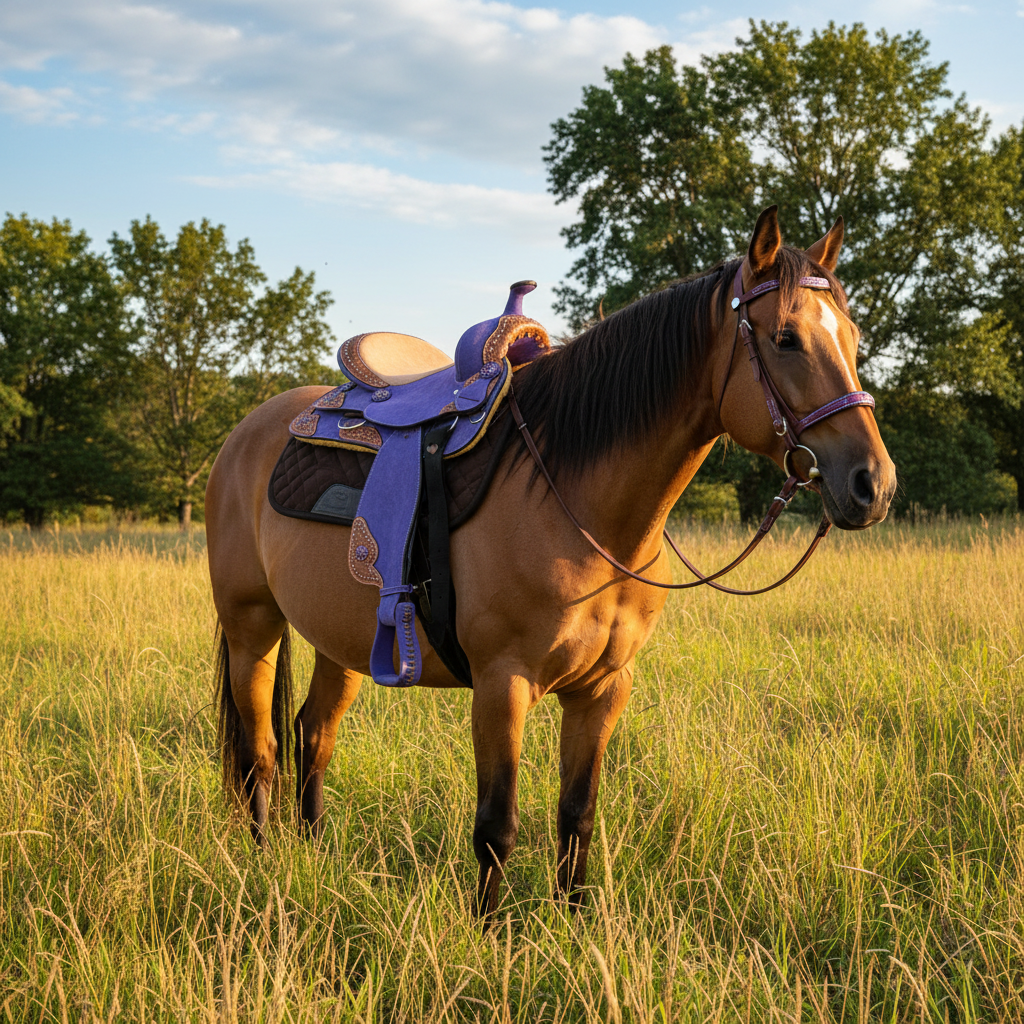 Purple horse saddle with brown leather accents on a white background